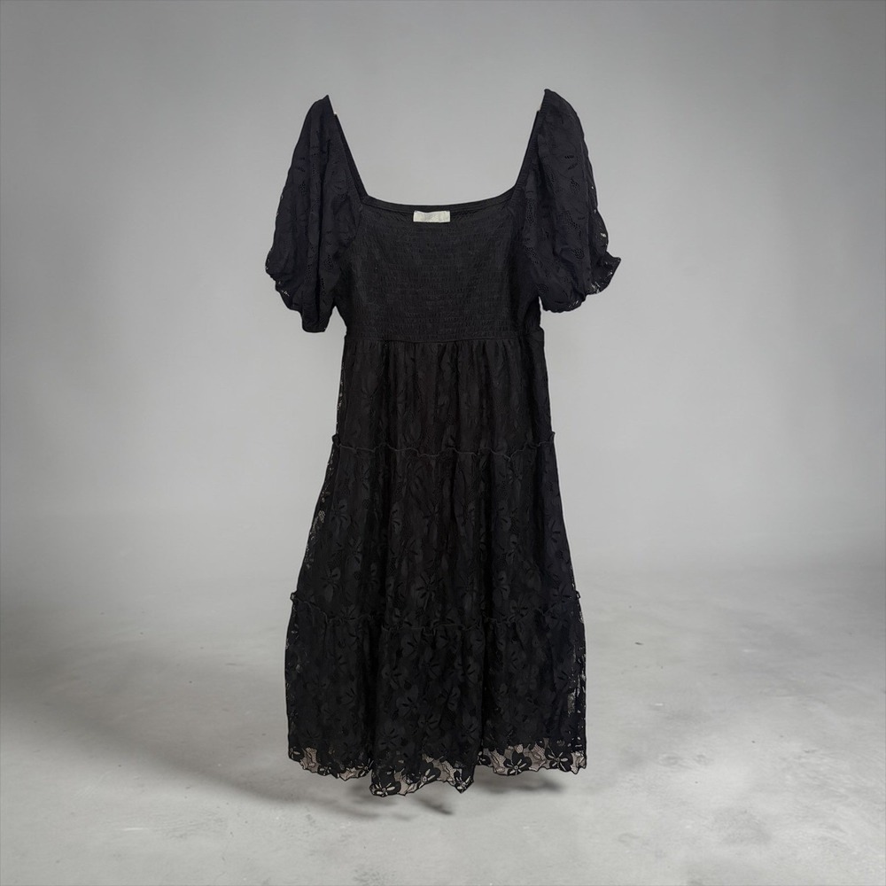 J Gee Black Lace Smocked Midi Dress Square Neck Puff Sleeve Tiered LBD XL - Picture 4 of 7